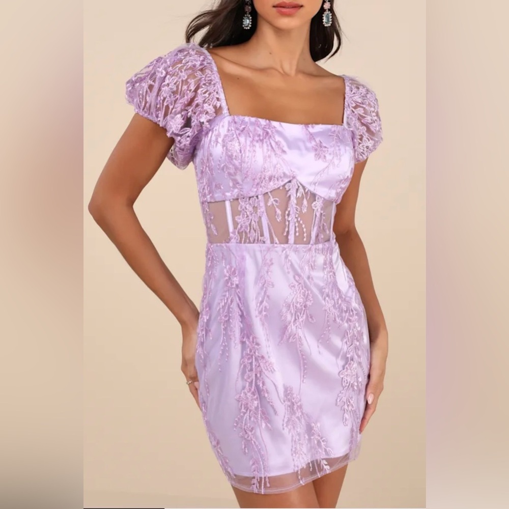 New Women’s Lulus Lavender Embroidered Mesh Puff Sleeve Fairy Whimsical Dress L.